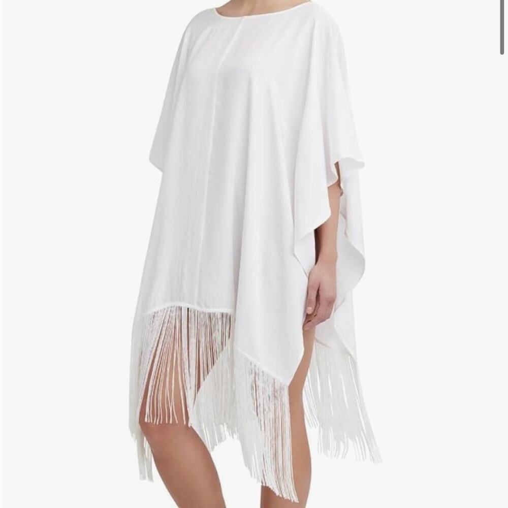 BCBGMAXAZRIA White Swimsuit Cover Up With Fringe